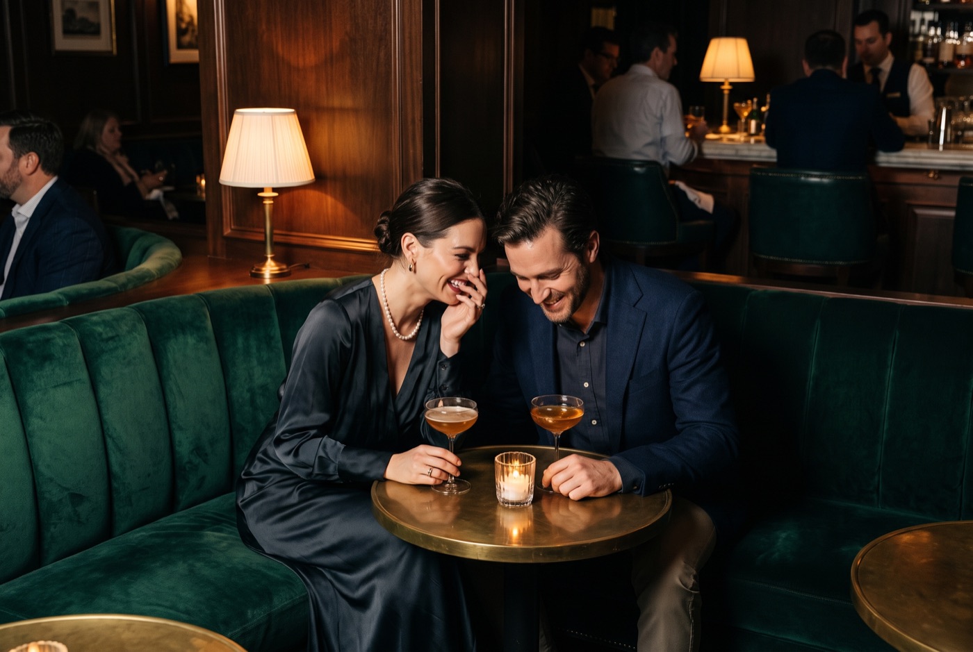 A couple close together in a velvet lounge