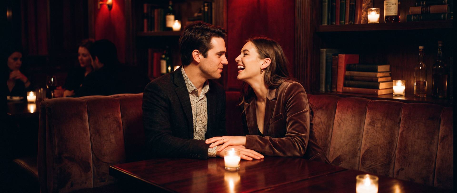 A couple leaning close across a candlelit booth, completely absorbed in each other