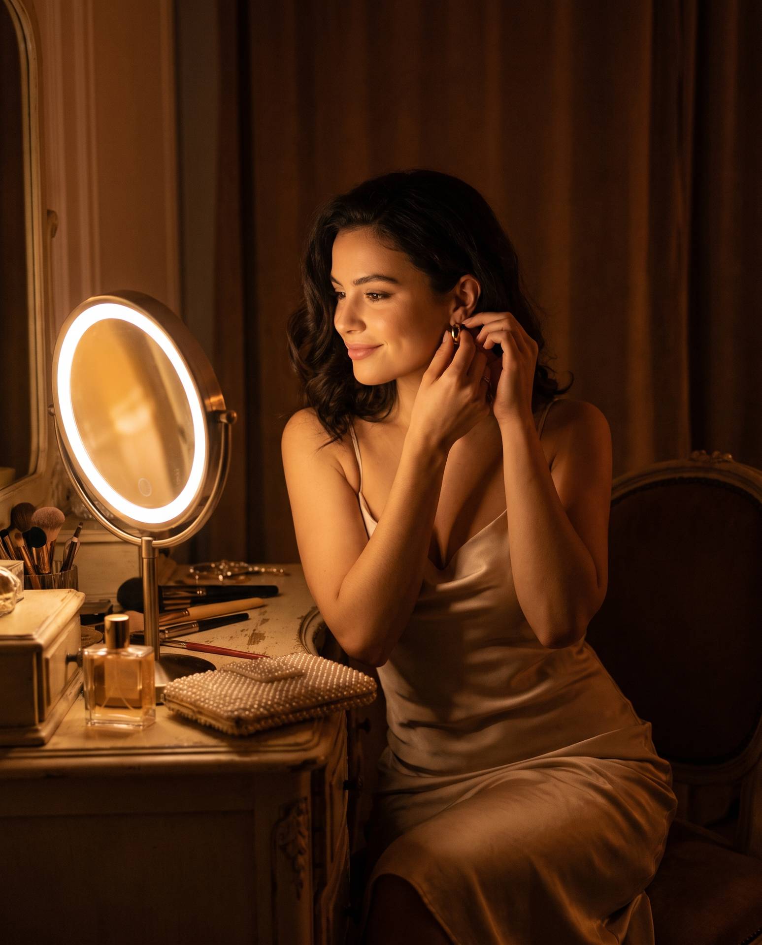 Getting ready for the night, gold earring in the mirror light