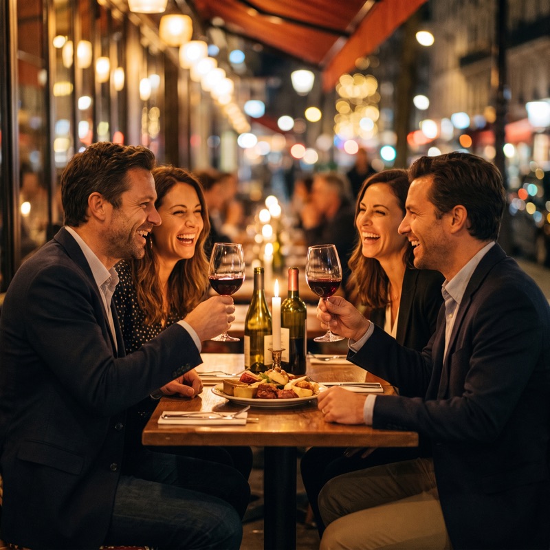 Two couples toasting on a night out